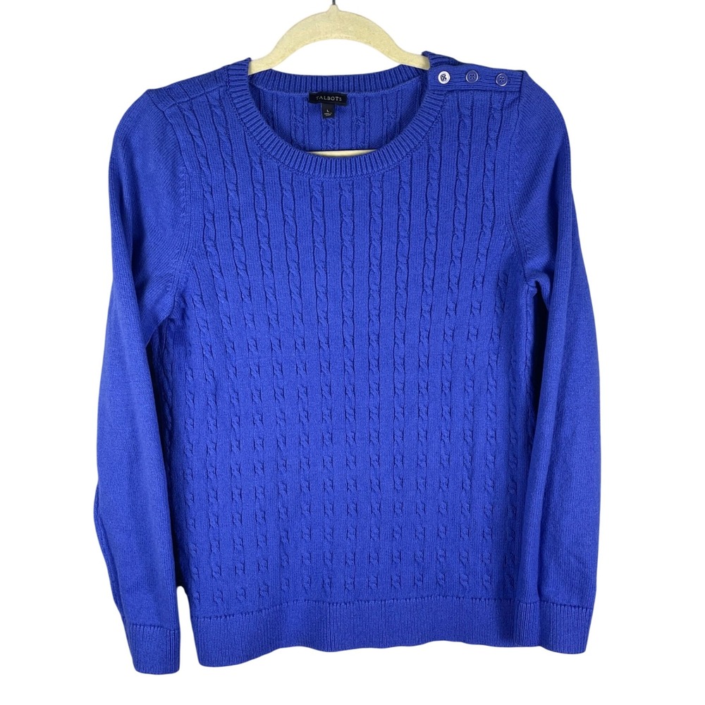 Talbots Cable Knit Sweater Womens L Blue Very Good Shoulder Button Crew Neck